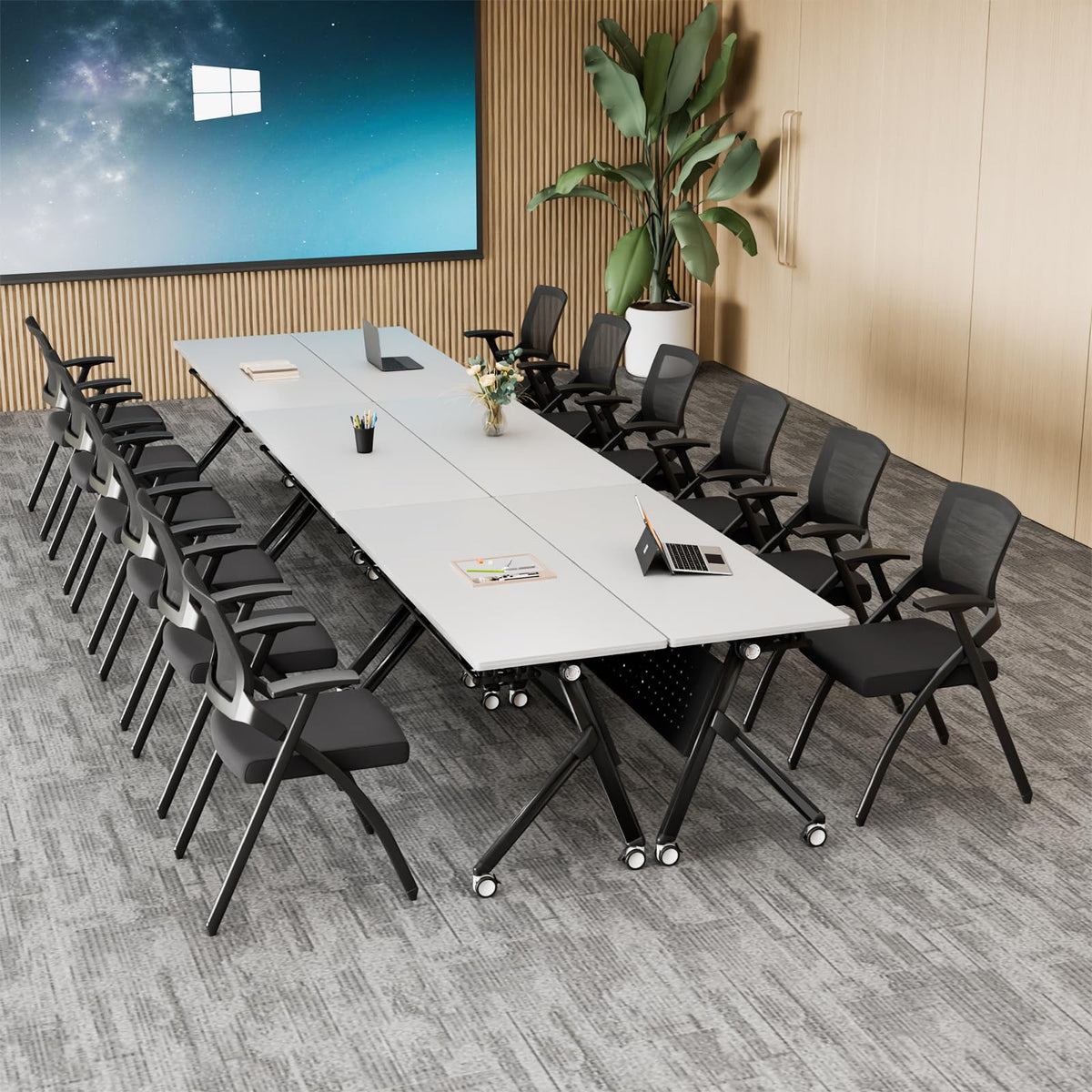 Conference Room Tables White,Folding Rectangular Flip Top Conference Table with Wheels for Large Meeting Seminar Home Office Classr (4, White&Black, 55.1in)