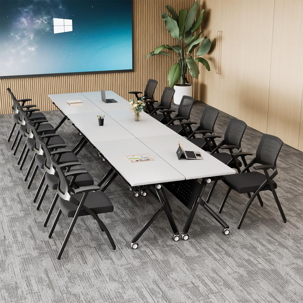 Conference Room Tables White,Folding Rectangular Flip Top Conference Table with Wheels for Large Meeting Seminar Home Office Classr (4, White&Black, 61in)