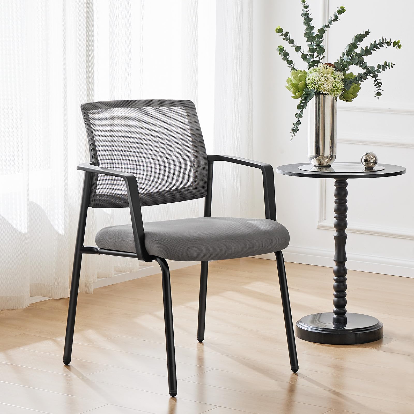 Mesh Back Stacking Arm Chairs, Upholstered Fabric Stacking Chairs, Sturdy Metal Office Chairs, Easy to Use and Store, Outdoor and Indoor, for Home, School, Party, Church, 1 Pack Grey