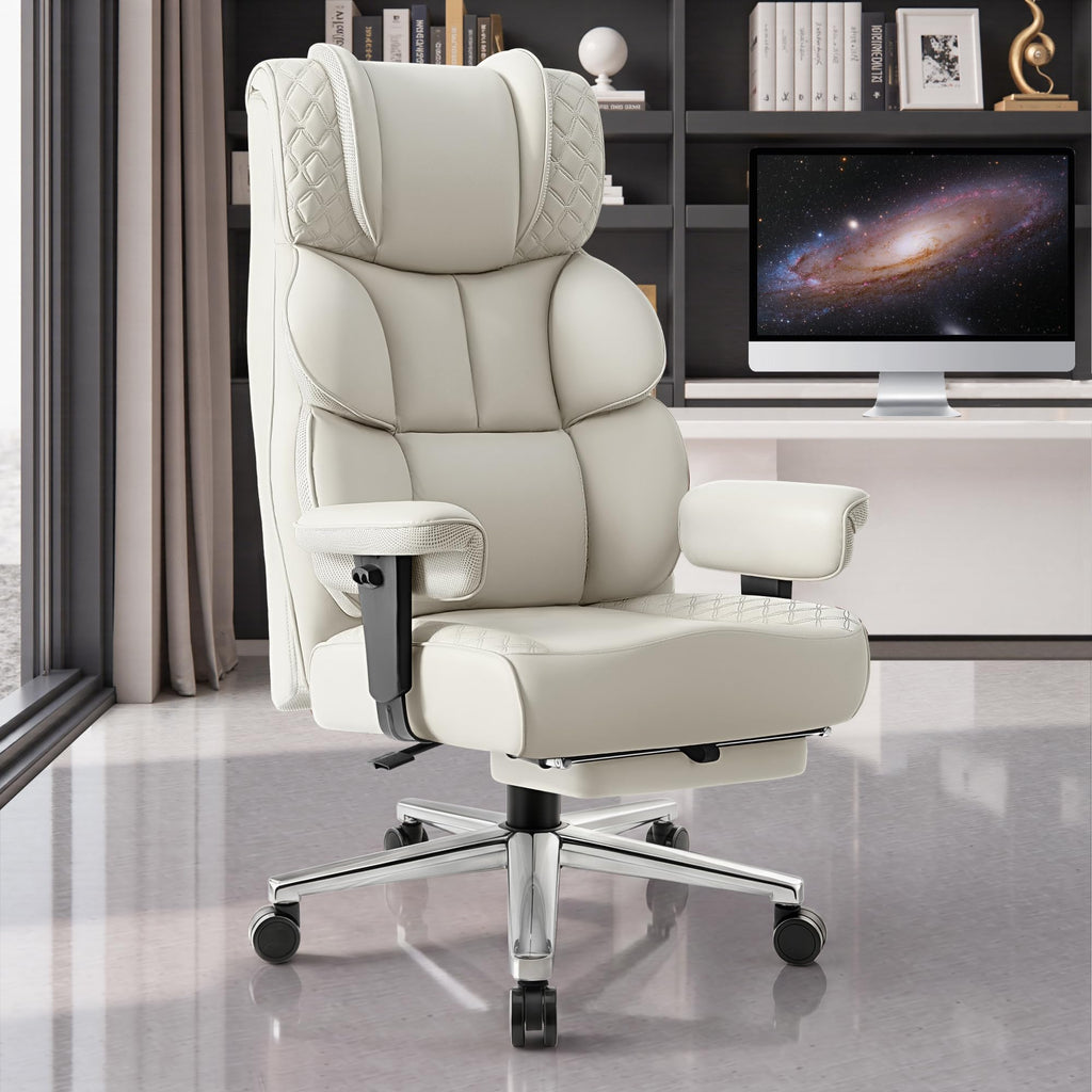 Office Desk Chair, Big and Tall Leather Gaming Chair with Footrest, Ergonomic Comfy Executive High-Back Reclining Computer Chairs, Wide Swivel Rolling Wheels and Padded Lumbar Support, White