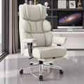 Office Desk Chair, Big and Tall Leather Gaming Chair with Footrest, Ergonomic Comfy Executive High-Back Reclining Computer Chairs, Wide Swivel Rolling Wheels and Padded Lumbar Support, White