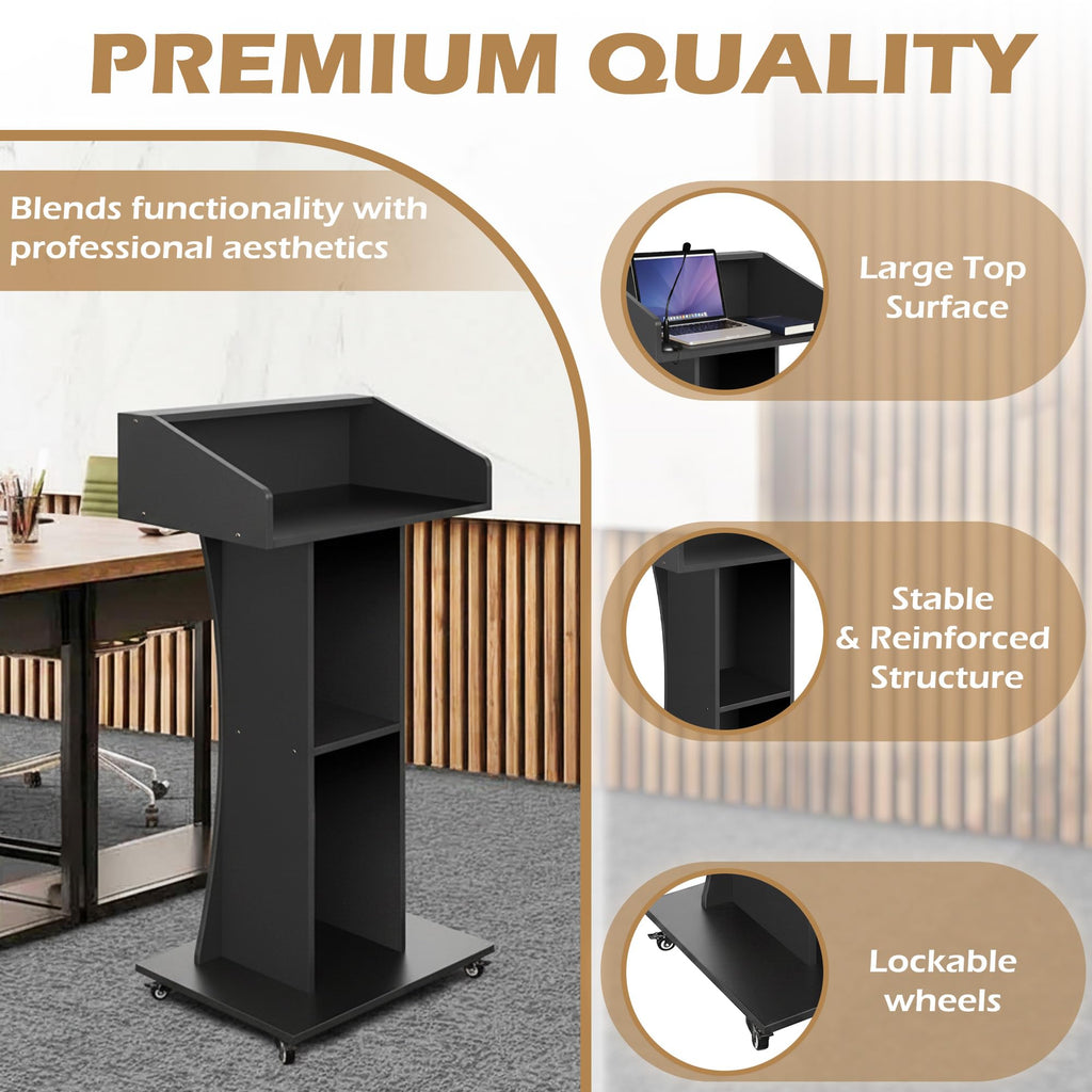 Podium Stand with Lockable Wheels,47"H Wooden Podium for Classroom, Mobile Pulpit Lectern with 3 Storage Shelves for Church, Office,Conference Room (Black)