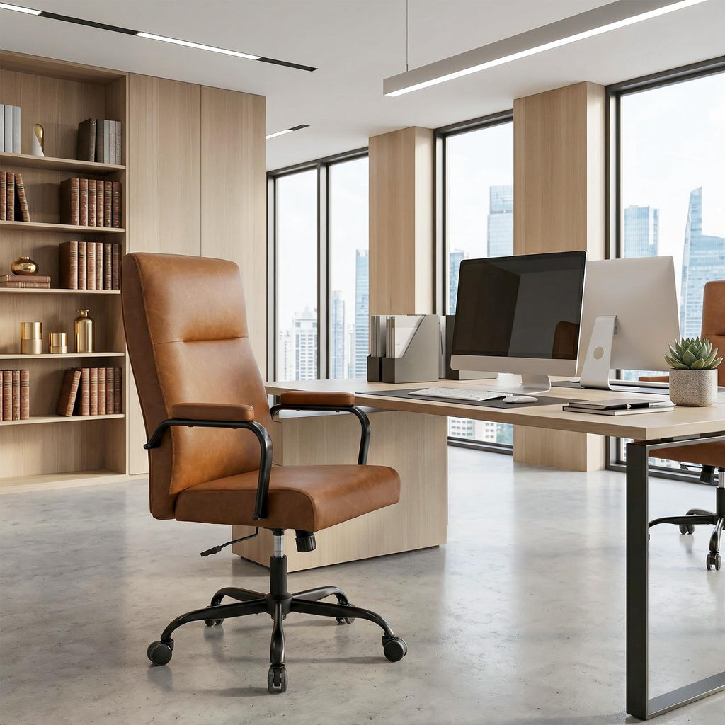Office Desk Chair,Leather Conference Room Chairs with Wheels,Modern High Back Executive Office Chair with Memory Foam,Ergonomic Swivel Computer Chair for Home Office Brown