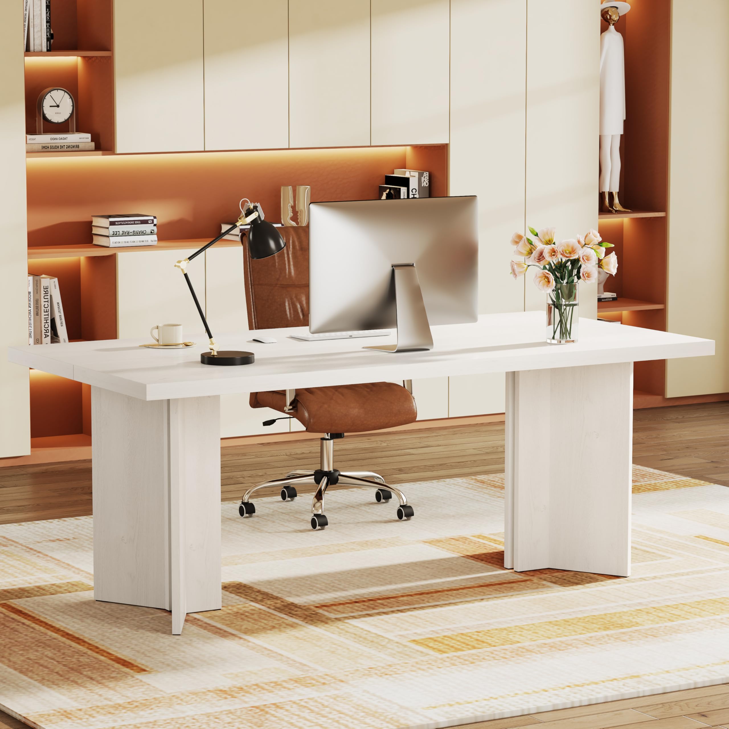 5.5FT Conference Table, 63-inch Rectangle Meeting Seminar Table, Large Walnut Business Tables for 4-6 People, Heavy Duty Pedestal (White)