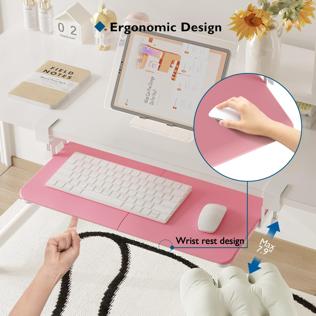 Under Desk Keyboard Tray, Pull-Out Keyboard & Mouse Platform with C-Clamp, 25.6 x 11.8 in Space-Saving Ergonomic Slide-Out Drawer, Pink
