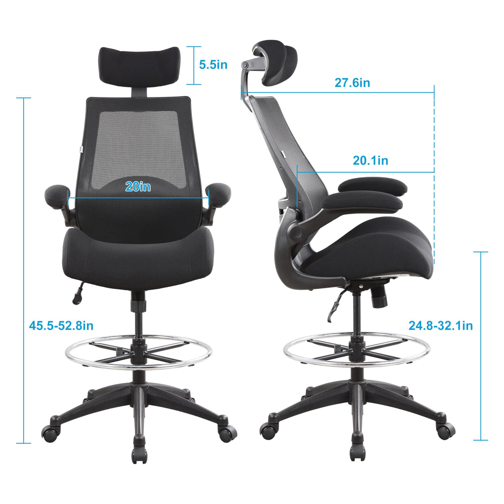 Drafting Tall Office Chair 400lbs High Back Wide Standing Desk Chair Comfortable with Flip up Armrests Lumbar Support Adjustable Big Footrest Ring(Black)