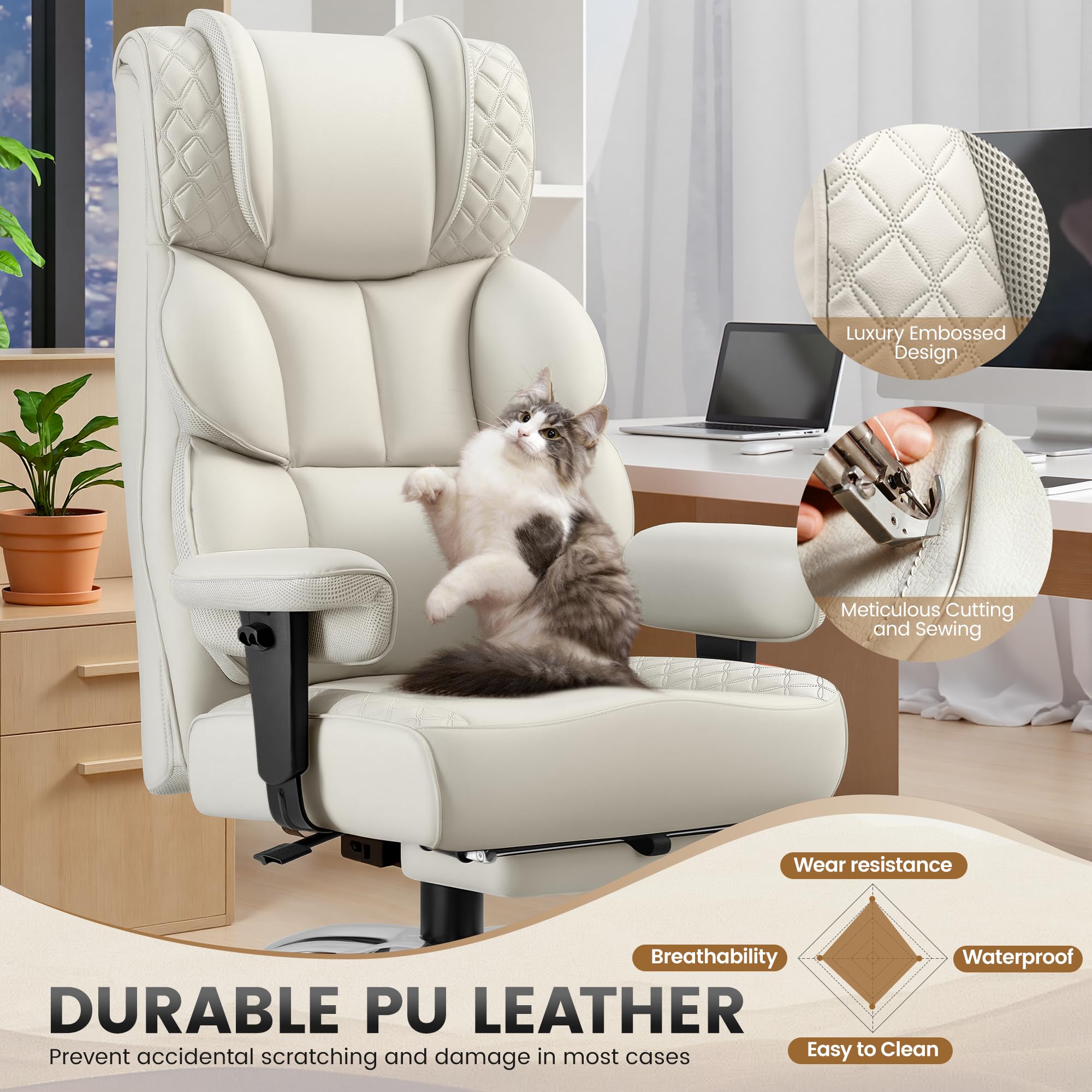 Office Desk Chair, Big and Tall Leather Gaming Chair with Footrest, Ergonomic Comfy Executive High-Back Reclining Computer Chairs, Wide Swivel Rolling Wheels and Padded Lumbar Support, White