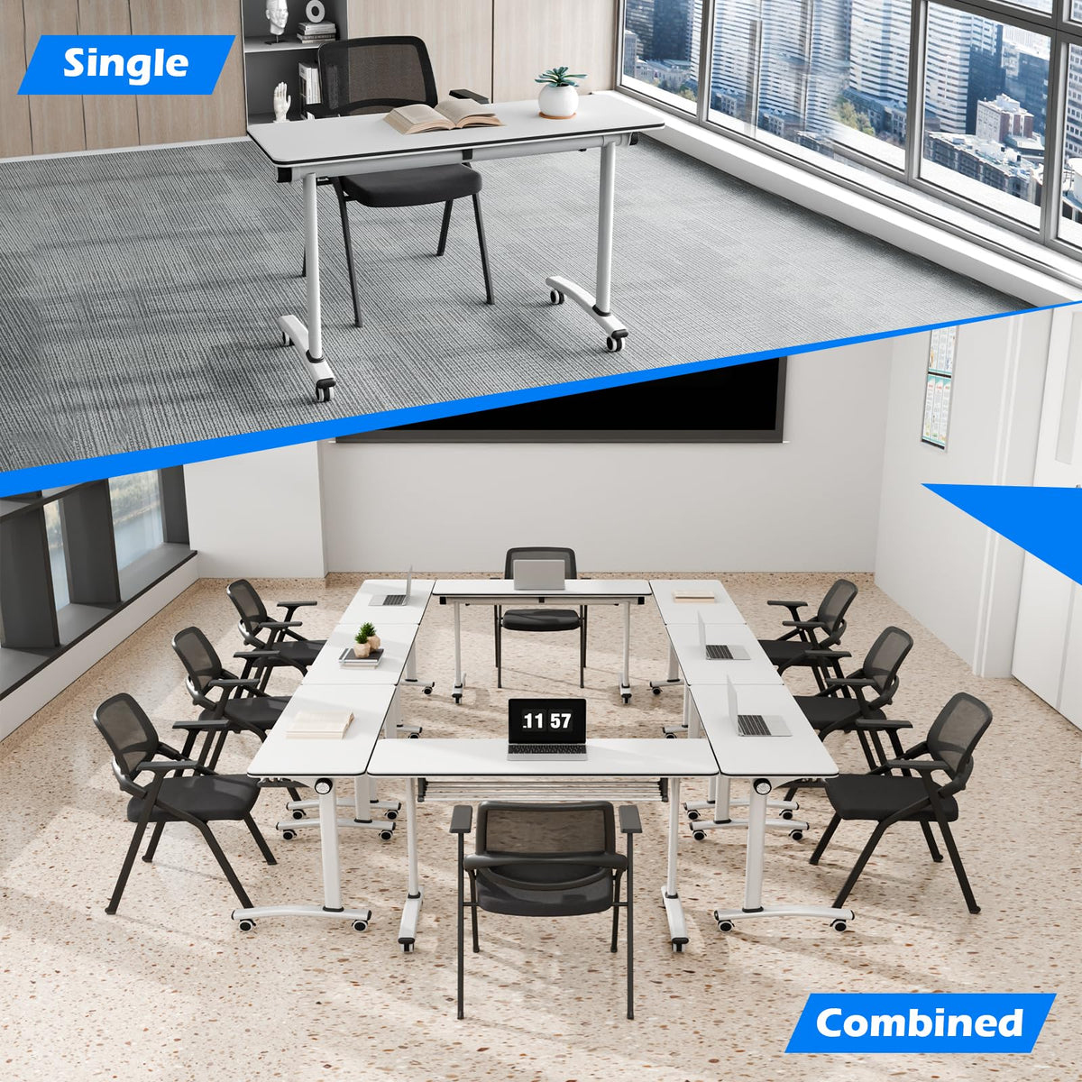 Conference Room Tables White,Folding Rectangular Flip Top Conference Table with Wheels for Large Meeting Seminar Home Office Classr (4, Little White, 47.2 * 15.7in)