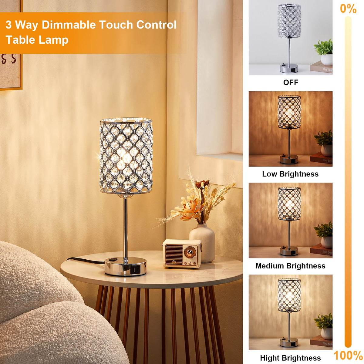 Sliver Crystal Table Lamps for Bedroom Set of 2, Nightstand Touch Lamp