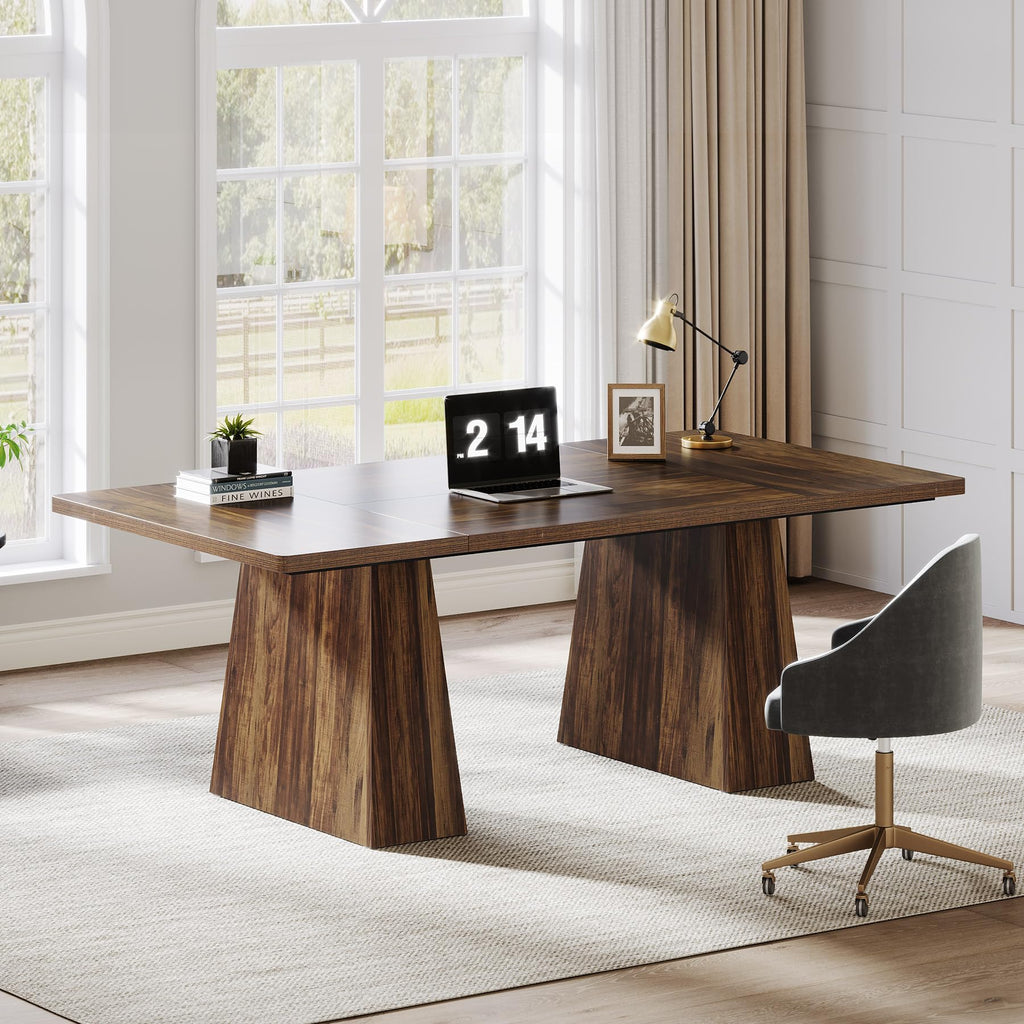 63-Inch Executive Desk, Large Office Computer Desk with Double Pedestal, Modern Simple Workstations Writing Table Conference Table Business Furniture for Home Office, Rustic Brown