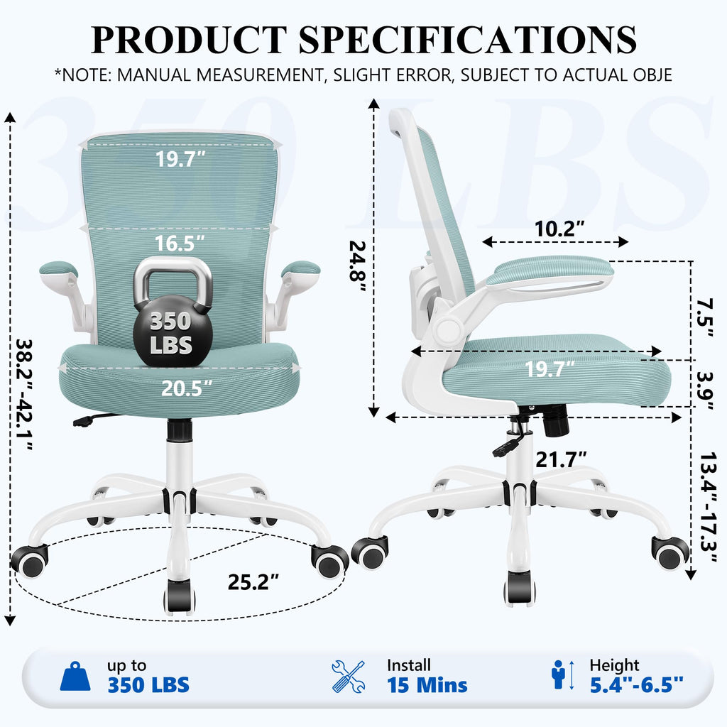Office Chair, Ergonomic Desk Chair Breathable Mesh Chairs Adjustable High Back Lumbar Support Flip-up Armrests, Executive Rolling Swivel Comfy Computer Chairs Home Office Light Blue