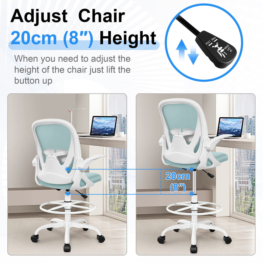 Drafting Chair Tall Office Chair with Flip-up Armrests Executive Ergonomic Computer Standing Desk Chair with Lumbar Support and Adjustable Footrest Ring（Light Blue）