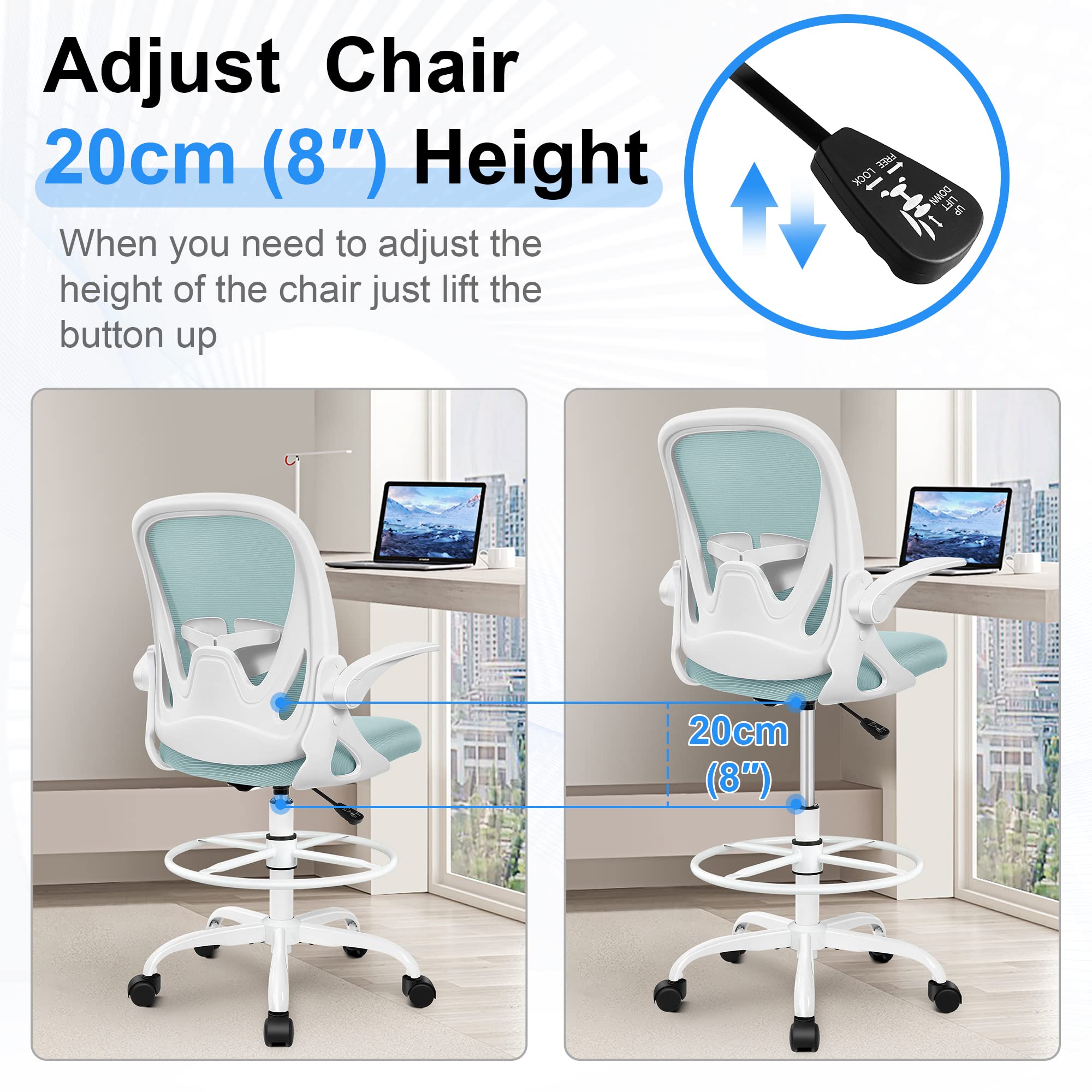 Drafting Chair Tall Office Chair with Flip-up Armrests Executive Ergonomic Computer Standing Desk Chair with Lumbar Support and Adjustable Footrest Ring（Light Blue）