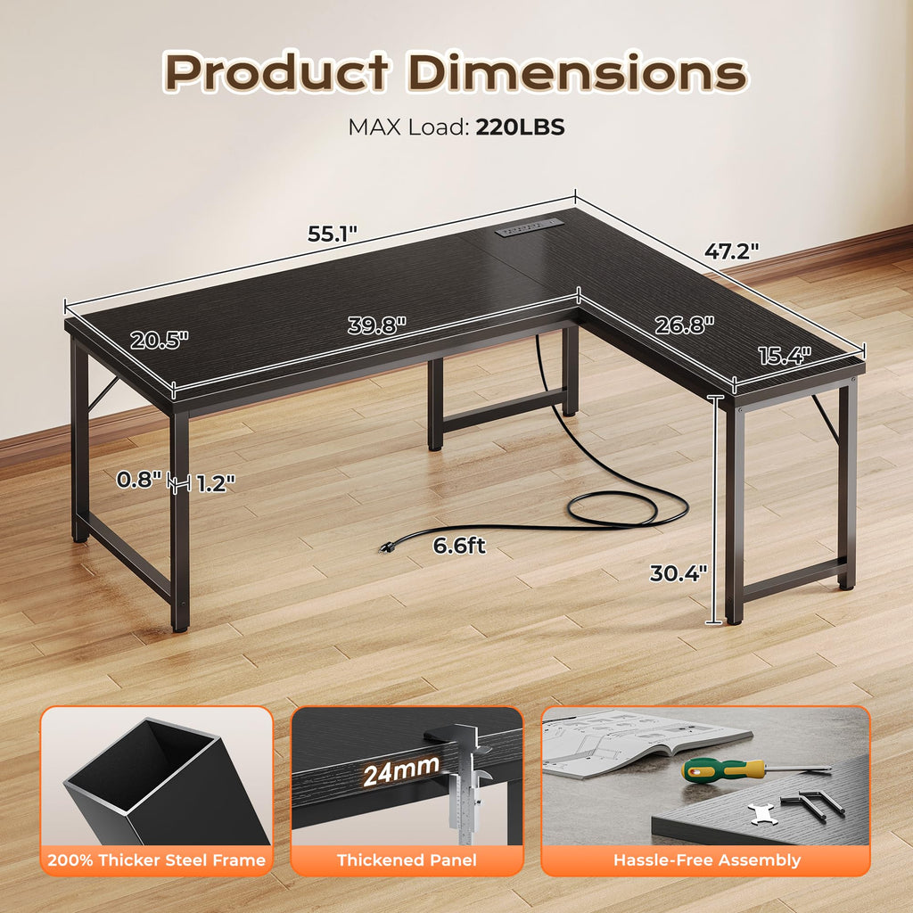 55 Inch L Shaped Desk with Power Outlets and USB-C Port, Reversible Computer Desk, Larger Office Corner Gaming Desk, 0.95 Inch Thicker Desktop, Metal Frame, for Home Office, Study, Black