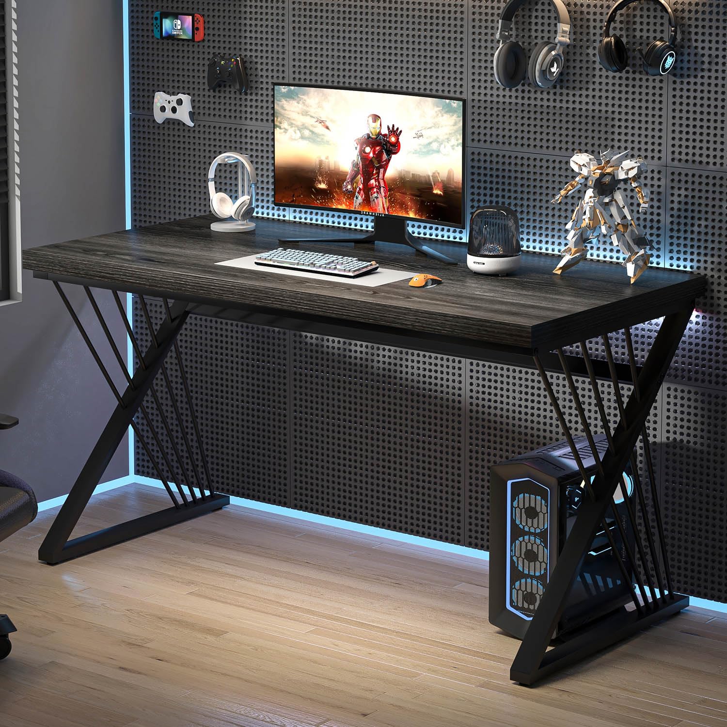 Modern Home Office Desks, Rustic Wood and Metal Computer Desk, Industrial Writing Study Gaming Table for Living Room Bedroom, Dark Gray, 47 Inch