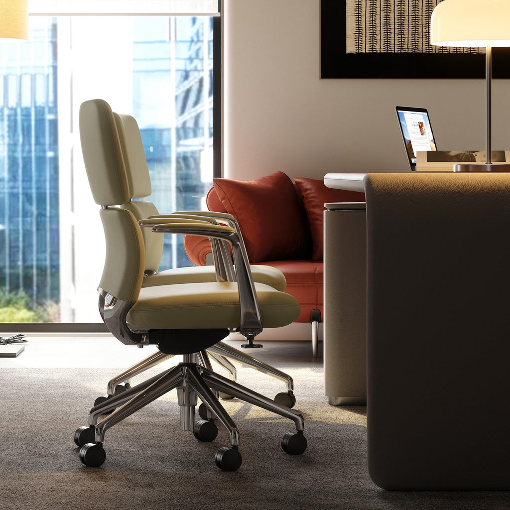 Genuine Leather Office Desk Chair with Wheels, Ergonomic Leather Executive Chair, Mid Back, Swivel Base with Adjustable Tilt, Modern Style, Luxury Aluminum Frame (Beige)