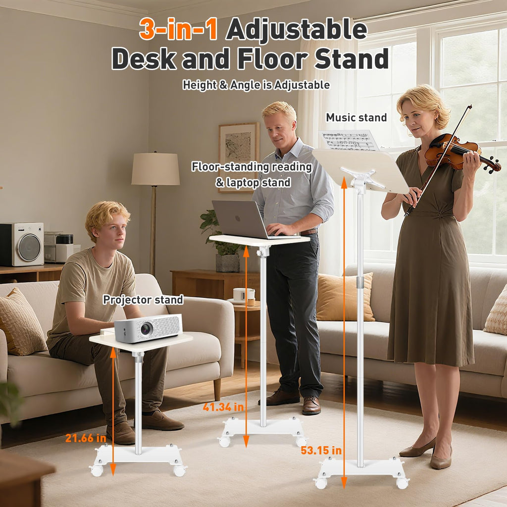 Rolling Book Stand with Wheels for Reading, Floor Standing Book Holder with Page Clips, 19"–51" Height Adjustable, Sturdy Podium Stand for Reading, Bible, Laptop, Cookbooks, or Projector