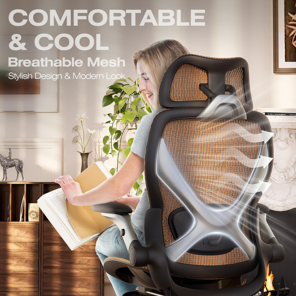 X100 Ergonomic Office Chair with Footrest, Big and Tall Home Desk Chair with 5D Flip-Up Arms, Adjustable 3D Lumbar Support,High Back Rolling Computer Chair, Swivel Mesh Chairs