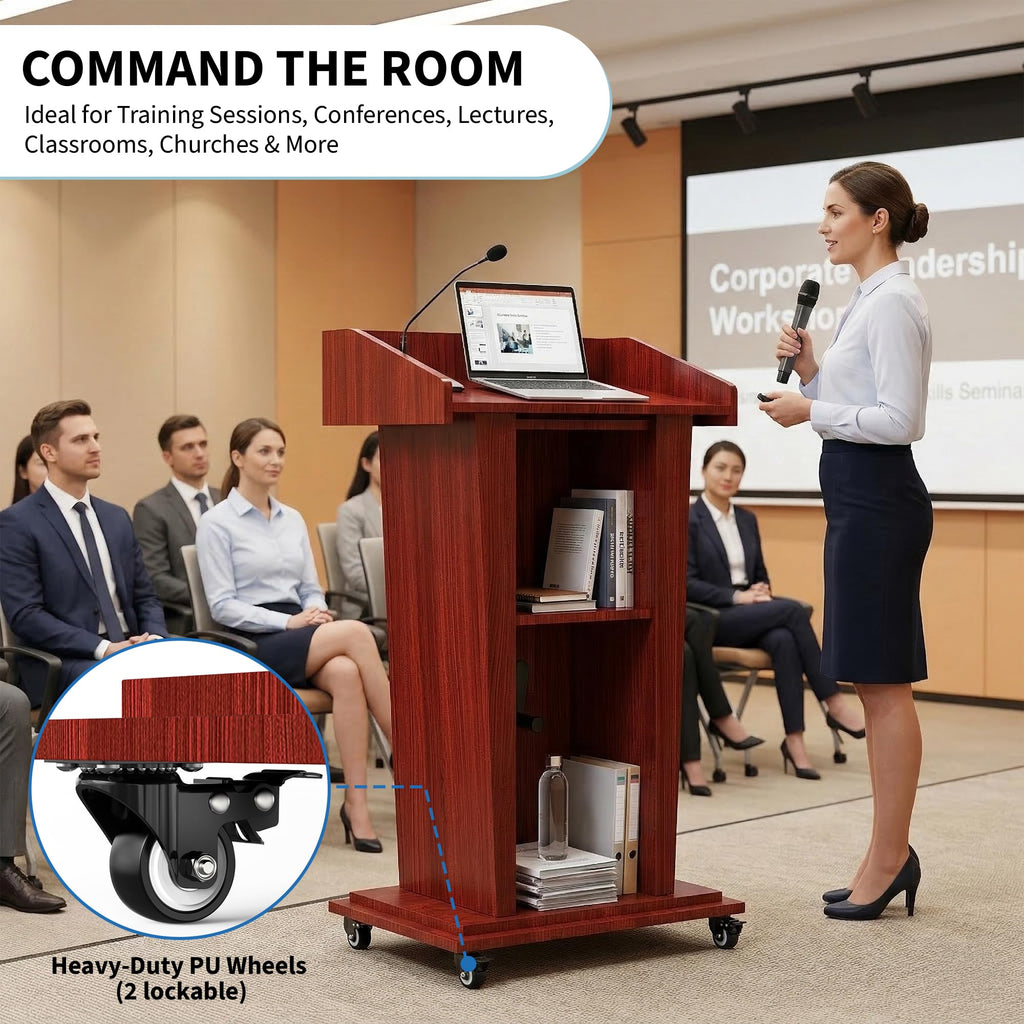 Wooden Podium Stand with Wheels, 41”–54.5” Height Adjustable Lectern, Mobile Podium with Crank Lift, Stable Base & Storage Shelf, Elegant Pulpit for Churches, Schools, Seminars and Auditoriums