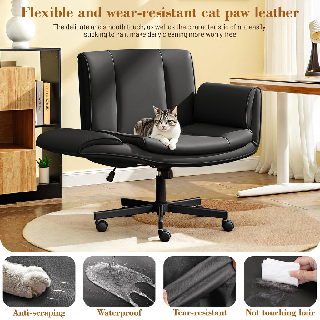 Criss Cross Chair with Wheels & Armrests,Comfy Wide Vanity Chair,Scratch-Resistant Pu Leather Cross Legged Desk Chair,Height Adjustable Computer Office Desk Chairs for Home,Makeup,Bedroom