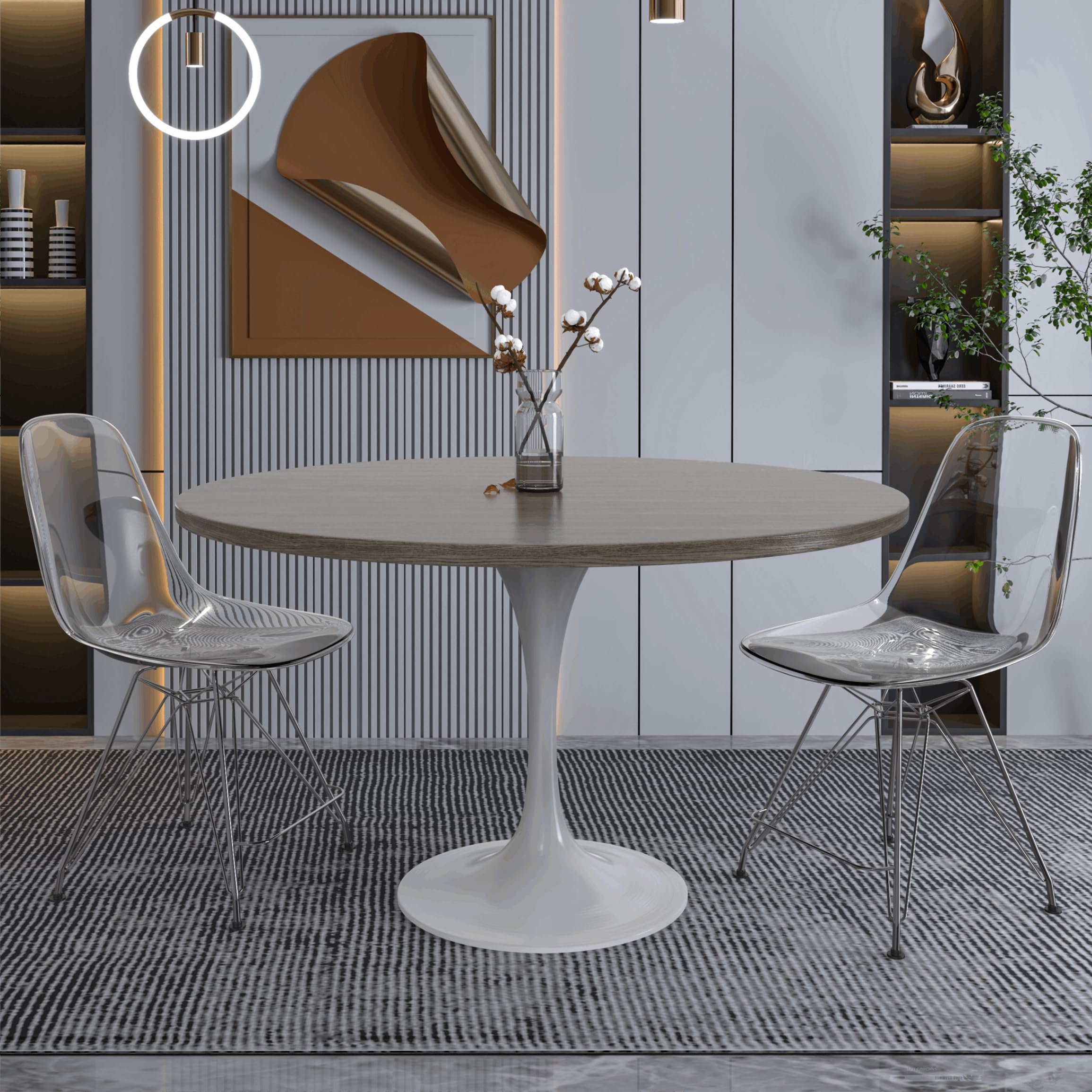Verve Mid-Century Modern 48 Inch Round Dining Table, MDF Wood Tabletop with White Steel Pedestal Base, Large Pedestal Kitchen & Dining Room Table, Breakfast Nook Table (Dark Maple)