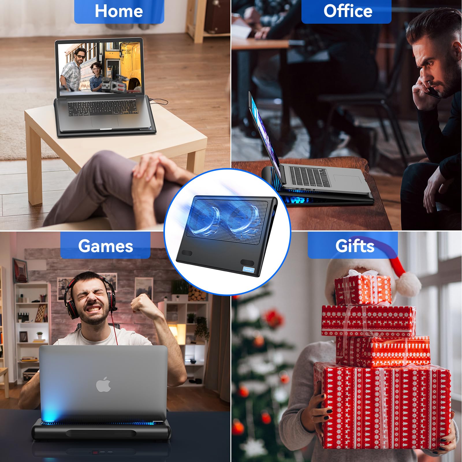 Laptop Cooling Pad - 12"-15.6" Laptops Cooler, Powerful Cooler and Ultra Quiet for Gaming Laptops Pad, 2 Wind Speed Adjustable, USB A & C Powered Cooler Stand with Laptop Fan LED (Blue)
