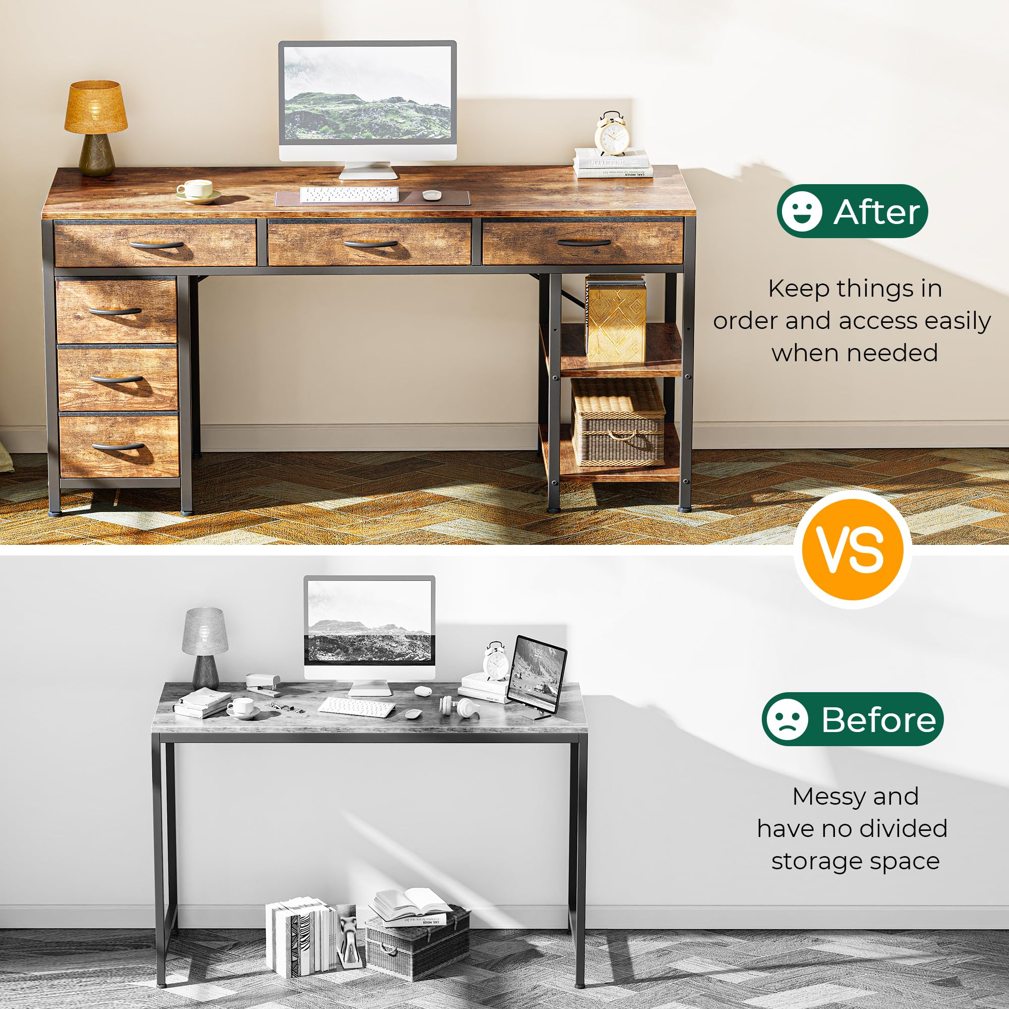 Computer Desk with 6 Drawers, Office Desk with Shelves, Reversible Gaming Desk, Corner Desk with Storage, Work for Home Office, Study, Living Room, 54inch, Rustic Brown