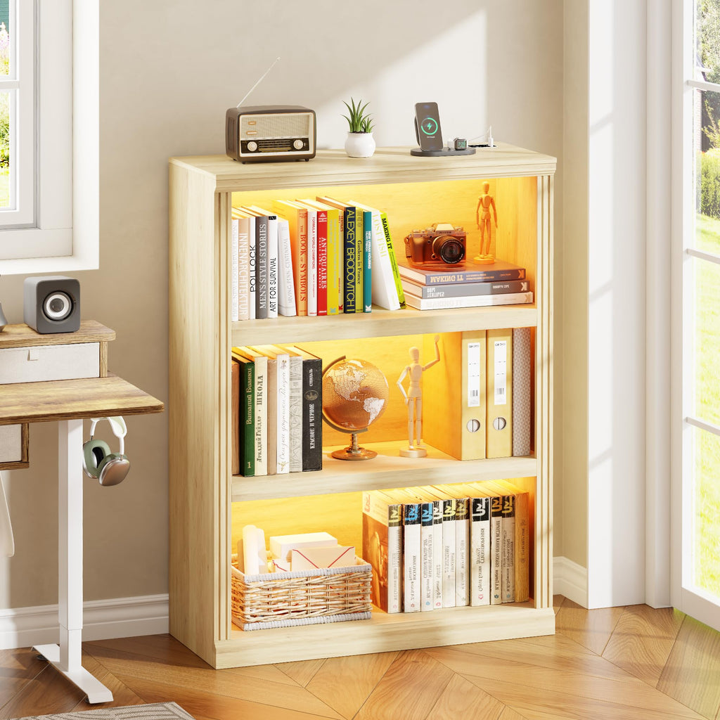 3-Tier LED Bookshelf with Motion Sensor Lights - USB Charging Module - Adjustable Modular Display Shelf 31.5 W x 43.3 H for Bedroom Living Room Home Office Apartment - Natural Wood