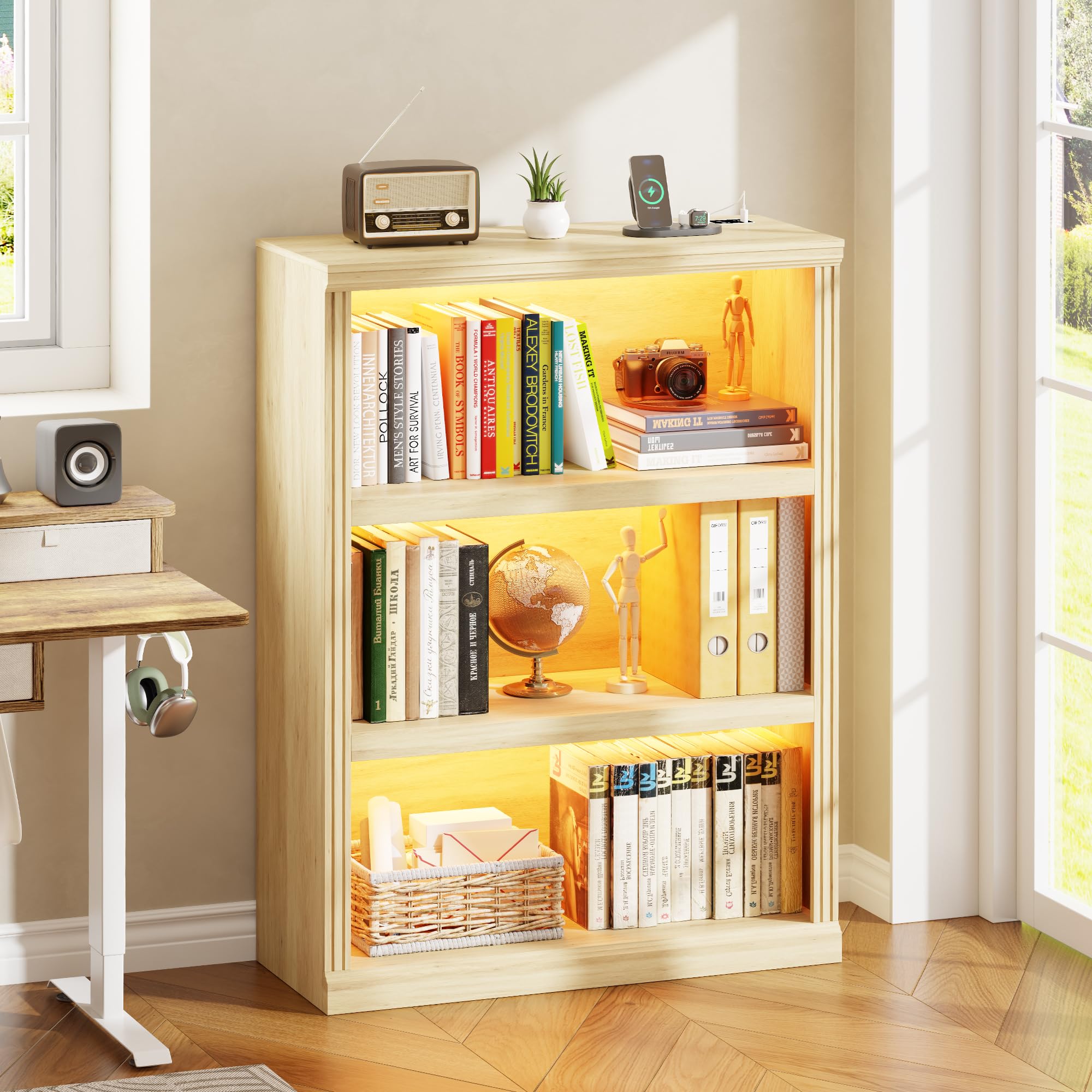 3-Tier LED Bookshelf with Motion Sensor Lights - USB Charging Module - Adjustable Modular Display Shelf 31.5 W x 43.3 H for Bedroom Living Room Home Office Apartment - Natural Wood