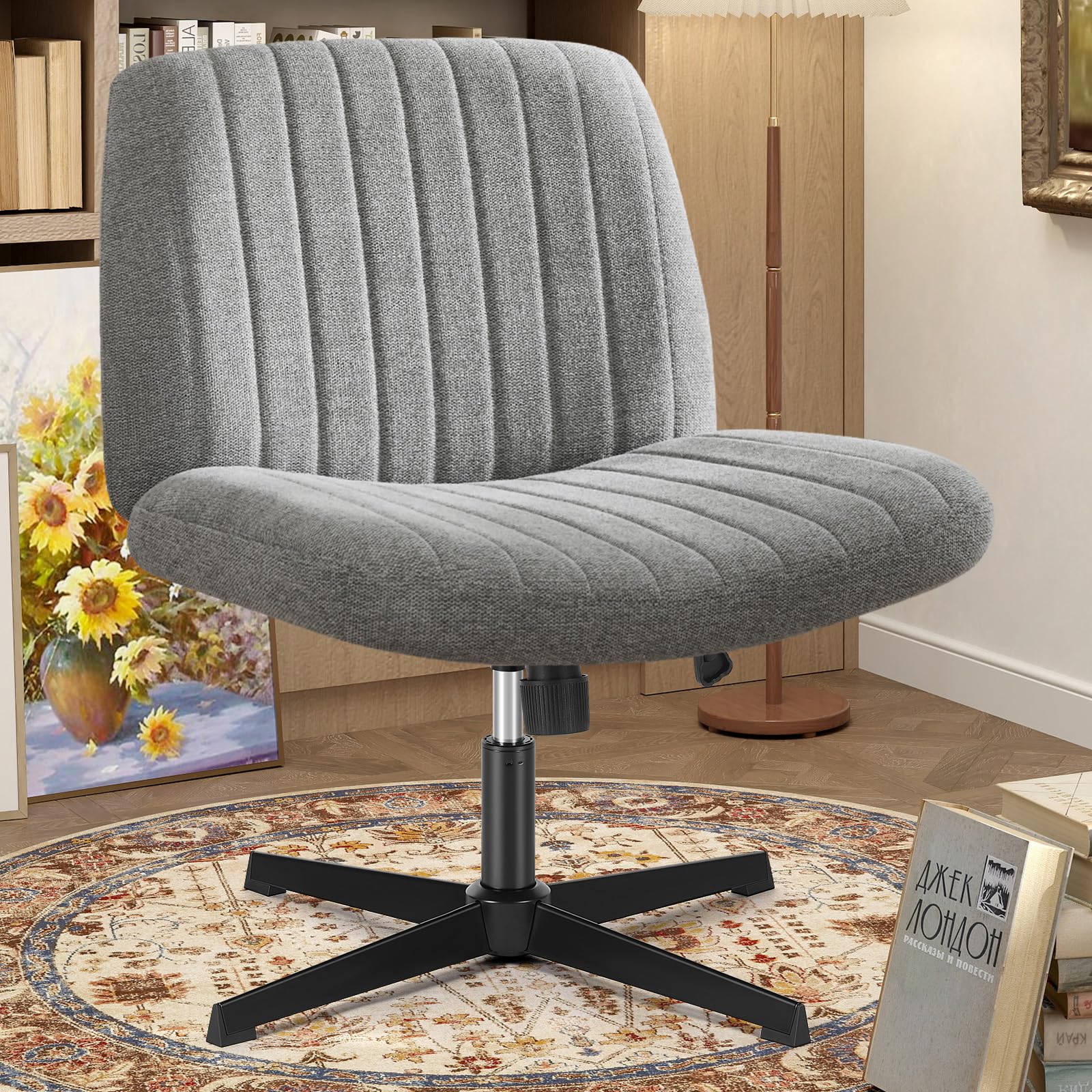 Criss Cross Legged Chairs Armless No Wheels Wide Seat Height Adjustable Swivel Padded Fabric Home Office Desk Seating for Bedroom, Student, Study Room