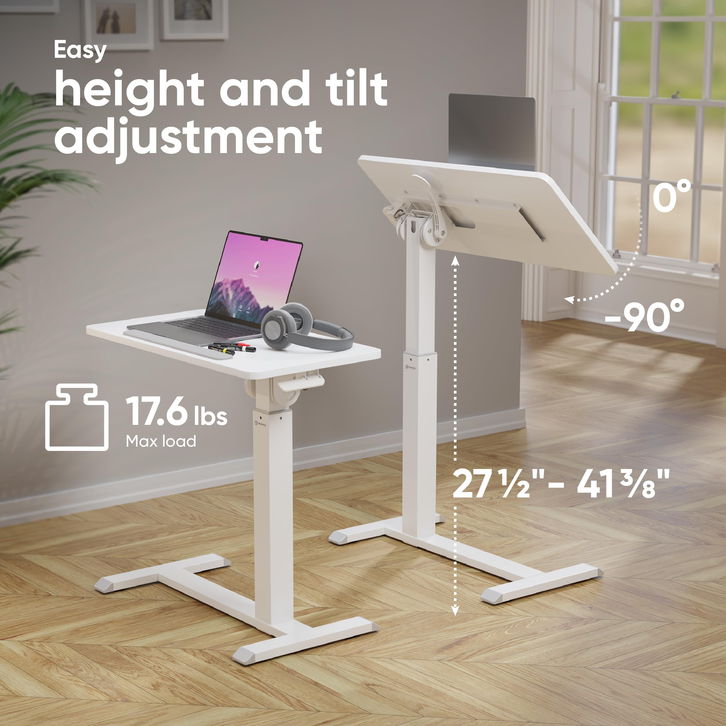 Laptop Cart on Wheels, max Load 17.6 lbs, Small Rolling Table with Hidden Wheels, Mobile Standing Desk Adjustable Height, 90° Tilting Portable Workstation, Overbed Bedside Desk White