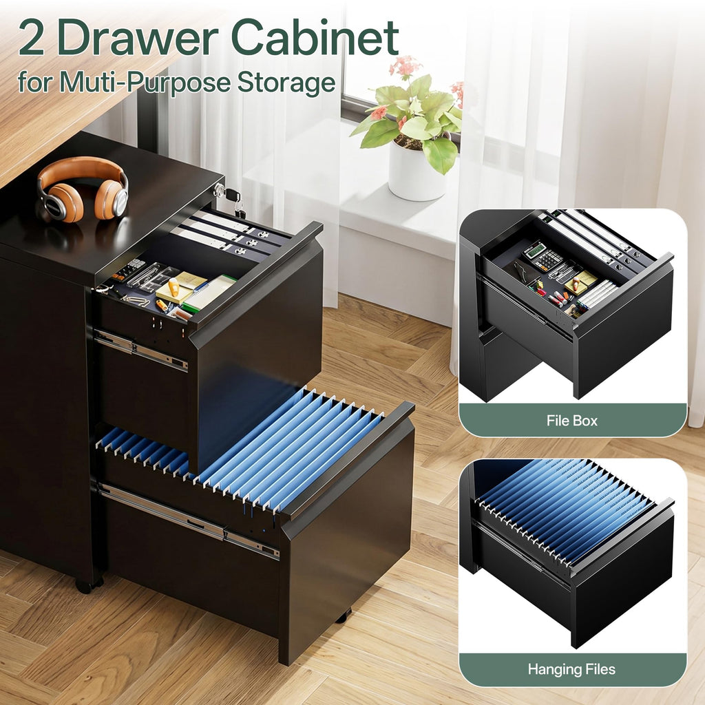 2 Drawer Mobile File Cabinet with Lock, Fully Assembled Except Casters, Under Desk Metal Filing Cabinet for Home Office Organization, Fits Letter/Legal/A4