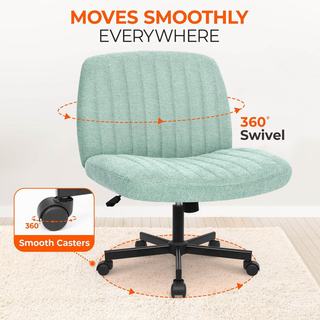 Criss Cross Chair Wheels Wide Cross Legged Office Desk Vanity Chair Comfy Fabric Armless Adjustable Swivel for Home Computer Task (Mint Wheel, Fabric)