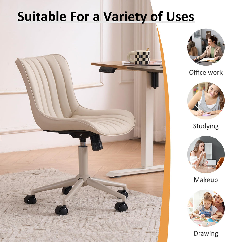 Home Office Desk Chair with Wheels Armless Vanity Chair with Back Comfy Modern Leather Upholstered Rolling Task Chair Swivel Small Cute Sewing Chair No Arms Wide Adjustable Ergonomic Cream