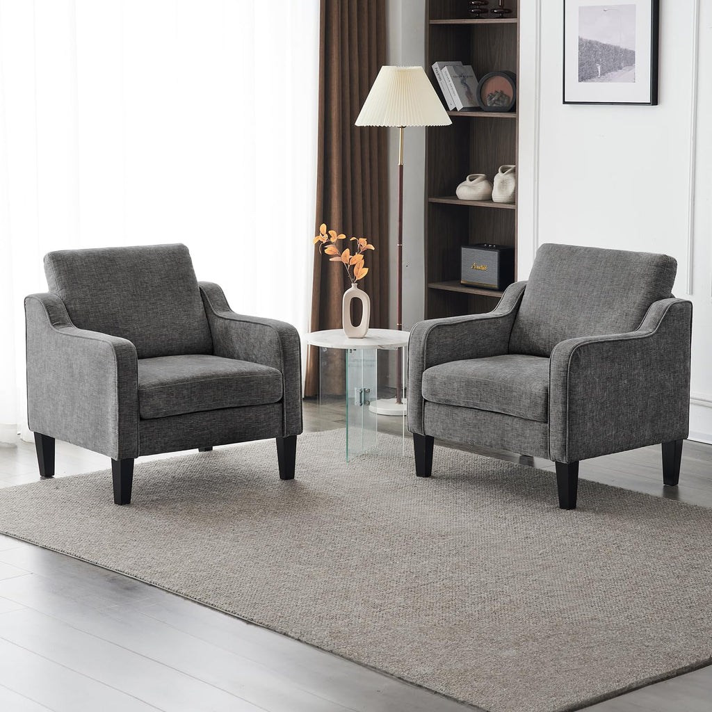 Mid Century Modern Accent Chair - Soft Chenille Upholstered Comfy Armchair for Living Room, Bedroom, Home Office, Apartment, Studio (Light Grey)