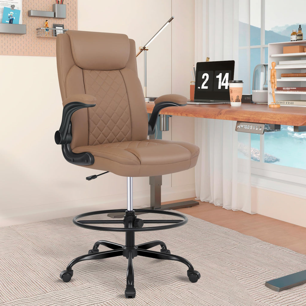 Drafting Chair, Tall Office Chair for Standing Desk, Standing Chair with Adjustable Height and Flip-up Armrest, Leather Drafting Chair, High Office Chair for Counter Height Desk