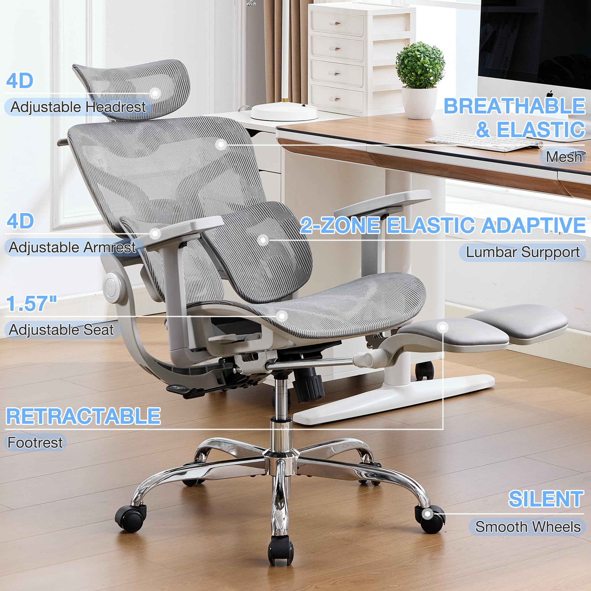 Ergonomic Mesh Office Chair with 2-Zone Lumbar Support and Footrest,Grey