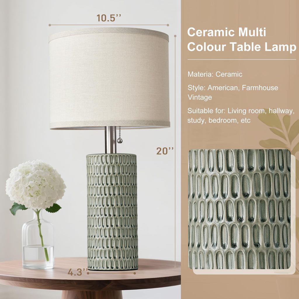 20.5" Modern Ceramic Table Lamps for Bedroom Set of 2, Bedside Lamps for Night Stands with Beige Lampshade, Farmhouse Table Lamp for Living Room Office Dorm, Light Green