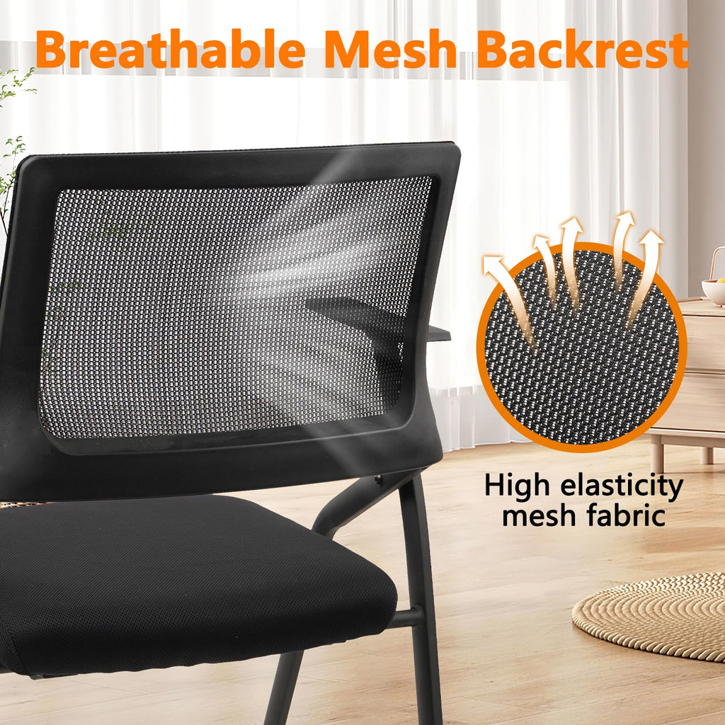 Stackable & Foldable Office Chairs with Ergonomic Lumbar Support and Thickened Seat Cushion, Folding Mesh Fabric Reception Guest Chair for School Church Conference Waiting Room Black