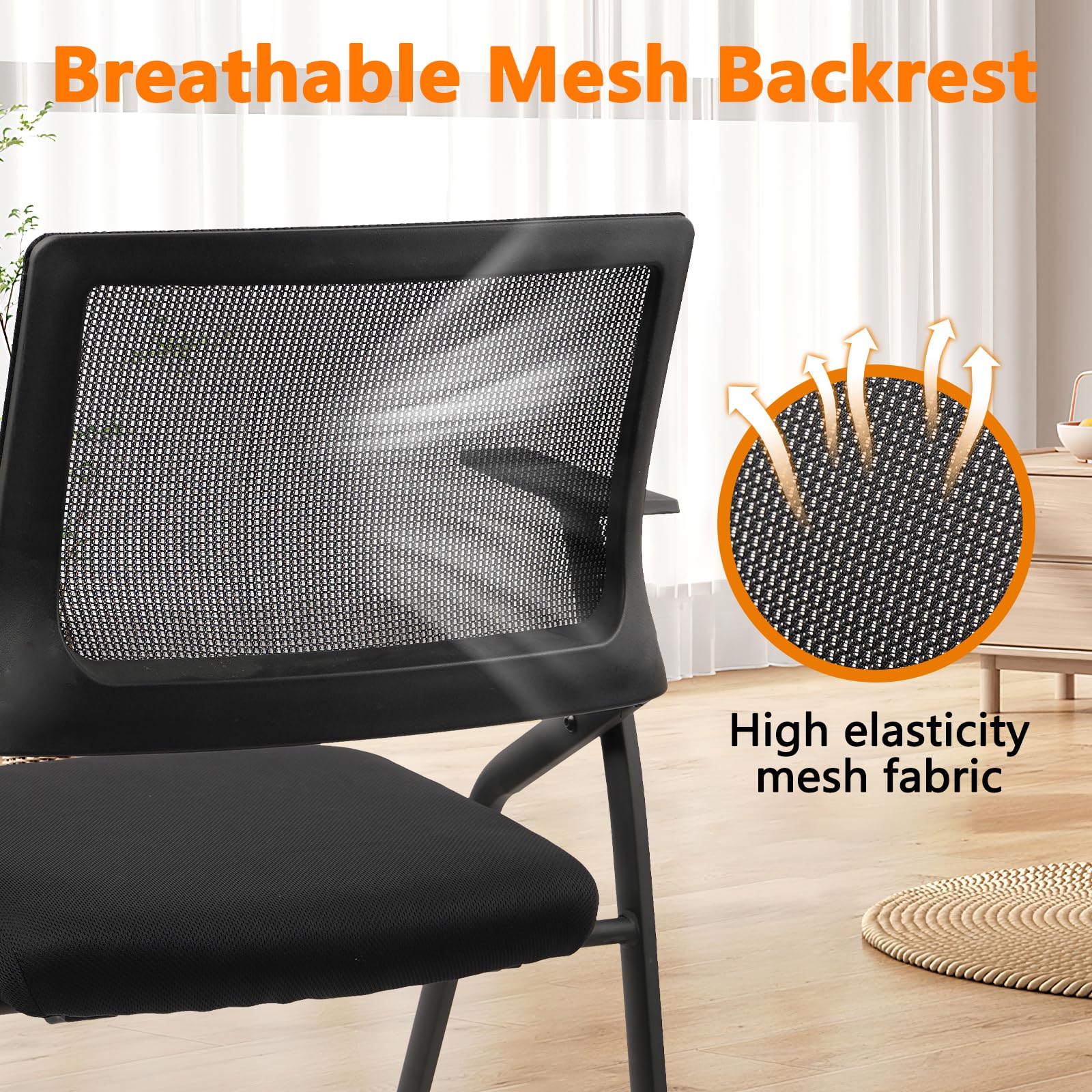 Black (6 pk) Stackable & Foldable Office Chairs with Ergonomic Lumbar Support and Thickened Seat Cushion, Folding Mesh Fabric Reception Guest Chair for School Church Conference Waiting Room