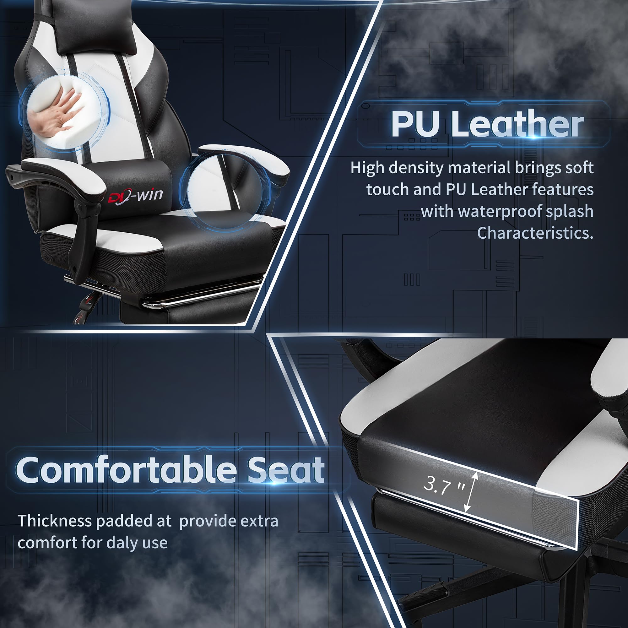 Video Gaming Chair for Adults, Computer Chair with Footrest and Ergonomic High Back, Big and Tall Gamer Chair with Massage Lumbar Support, 360° Swivel Height Adjustable Computer Chair, White
