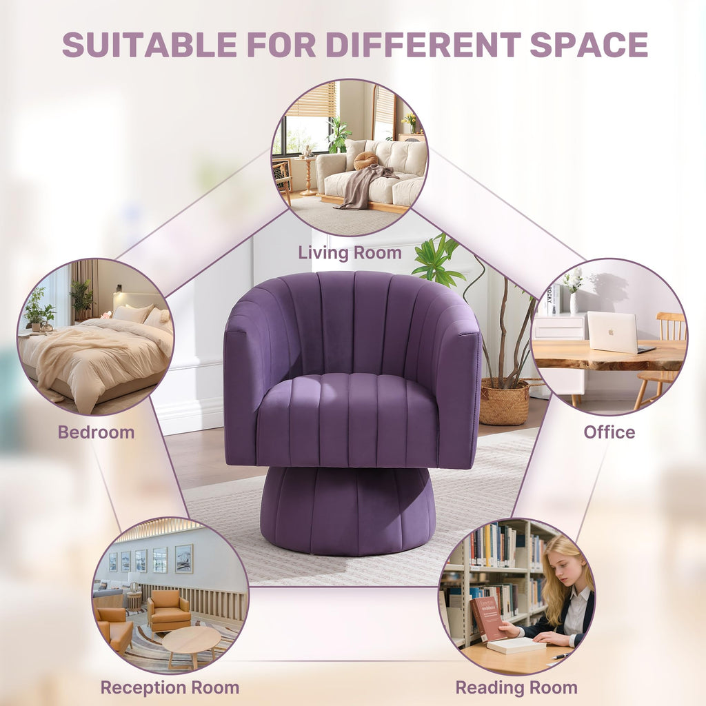 Swivel Accent Barrel Chair, Cute Comfy Small Round 360° Arm Chair. Velvet Club Reading Chair for Office, Living Room, Bedroom, Purple
