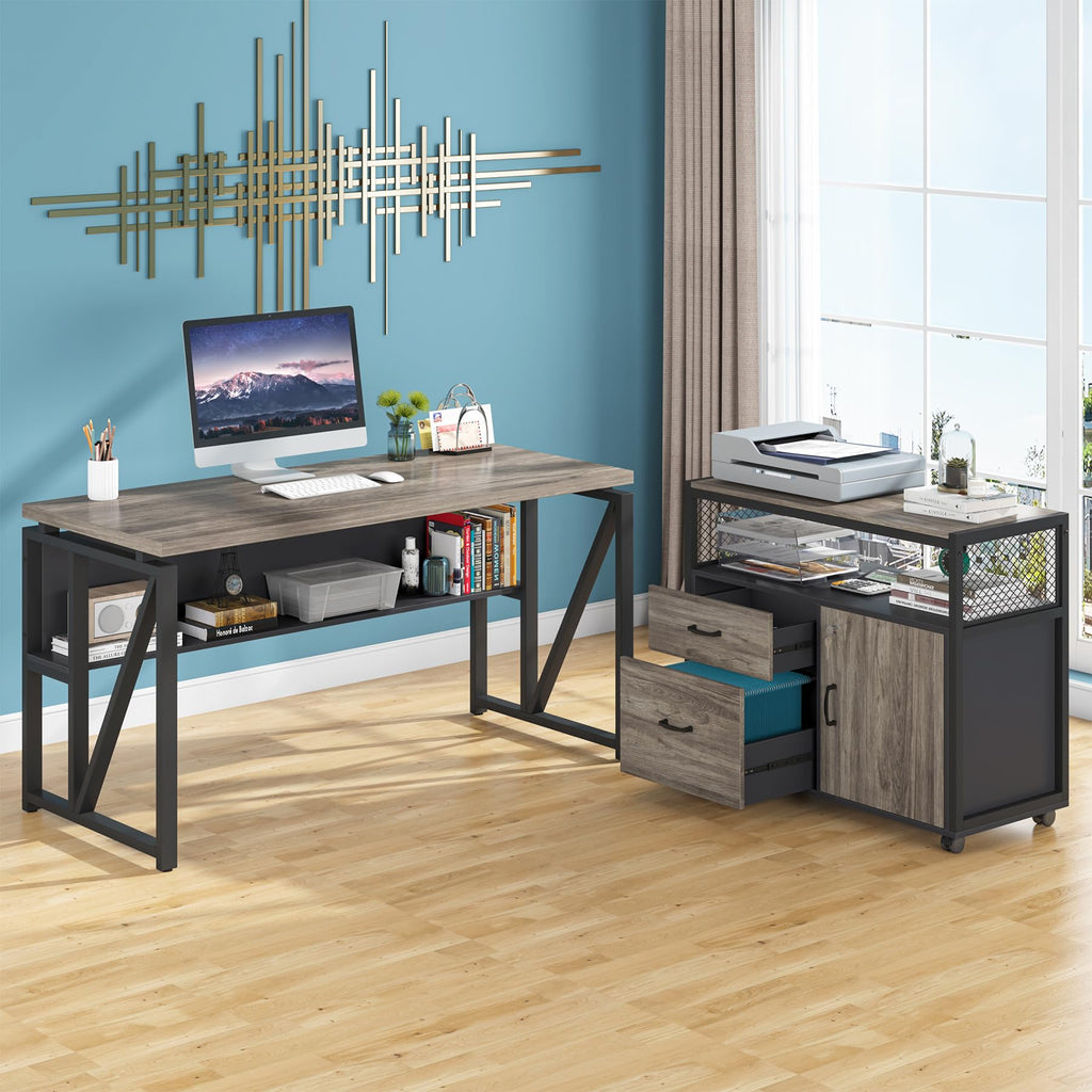 55" L Shaped Computer Desk and lateral File Cabinet with Locks, 2 Piece Home Office Furniture Set for Hanging