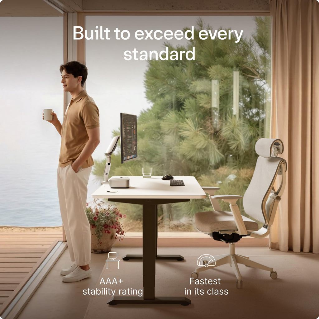 Standing Desk 54x28 — Made in Europe, Ergonomic Sit Stand Home Office Desk, Electric Height Adjustable, Dual Motor, USB & USB-C Charging, Wobble-Free, Touchscreen, 3 Memory Presets