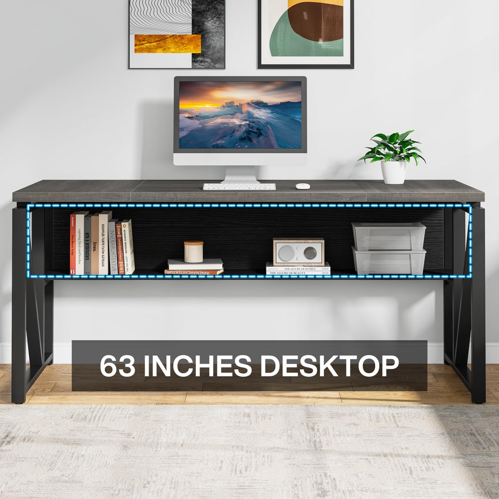 63" Executive Computer Desk and lateral File Cabinet, 2 Piece Home Office Furniture with Drawers for Hanging File, Doors with Locks (Gray, 63 inches)