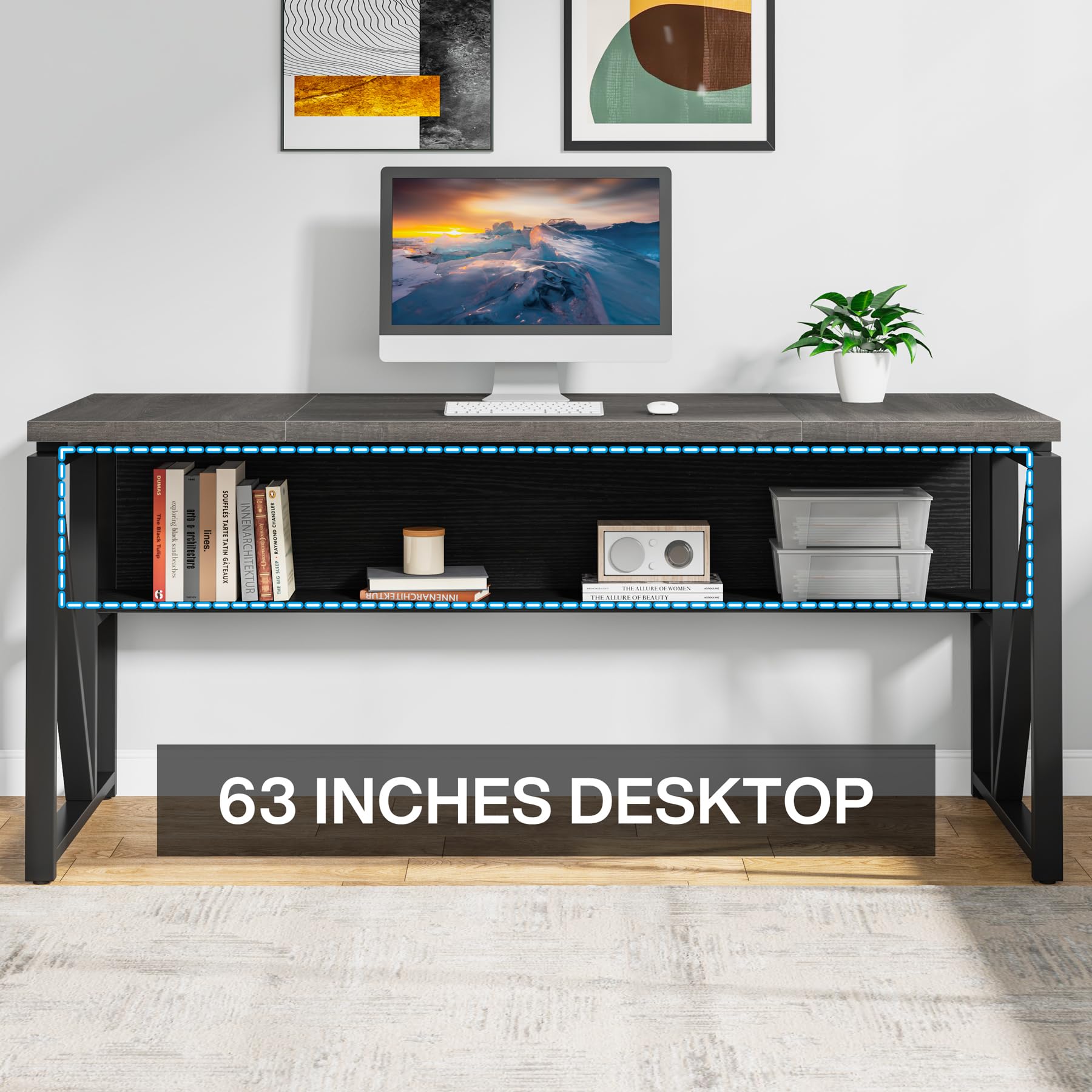 63" Executive Computer Desk and lateral File Cabinet, 2 Piece Home Office Furniture with Drawers for Hanging File, Doors with Locks (Gray, 63 inches)