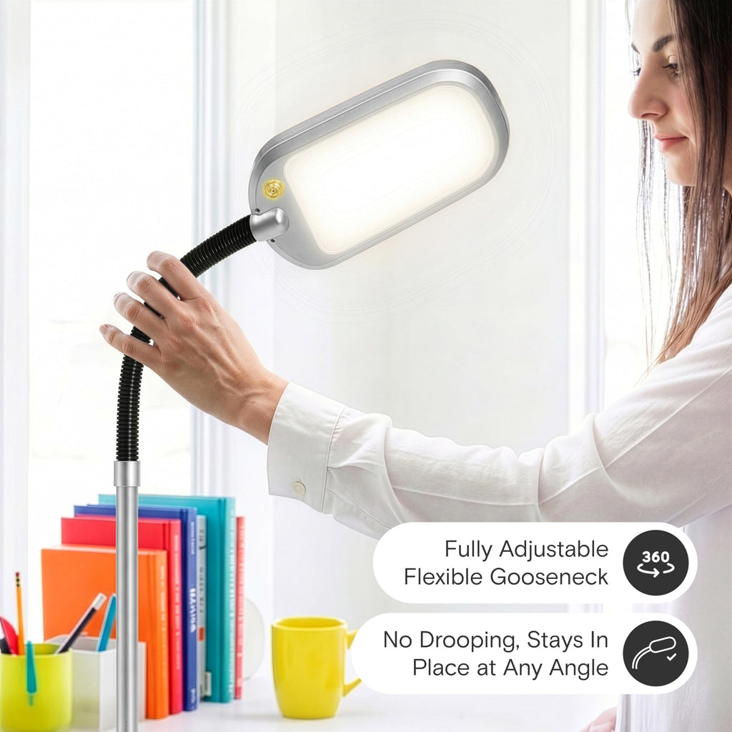 Litespan Slim LED Floor Reading Lamp with Adjustable Gooseneck for Living Rooms & Offices, Dimmable Standing Lamp for Bedroom - Silver