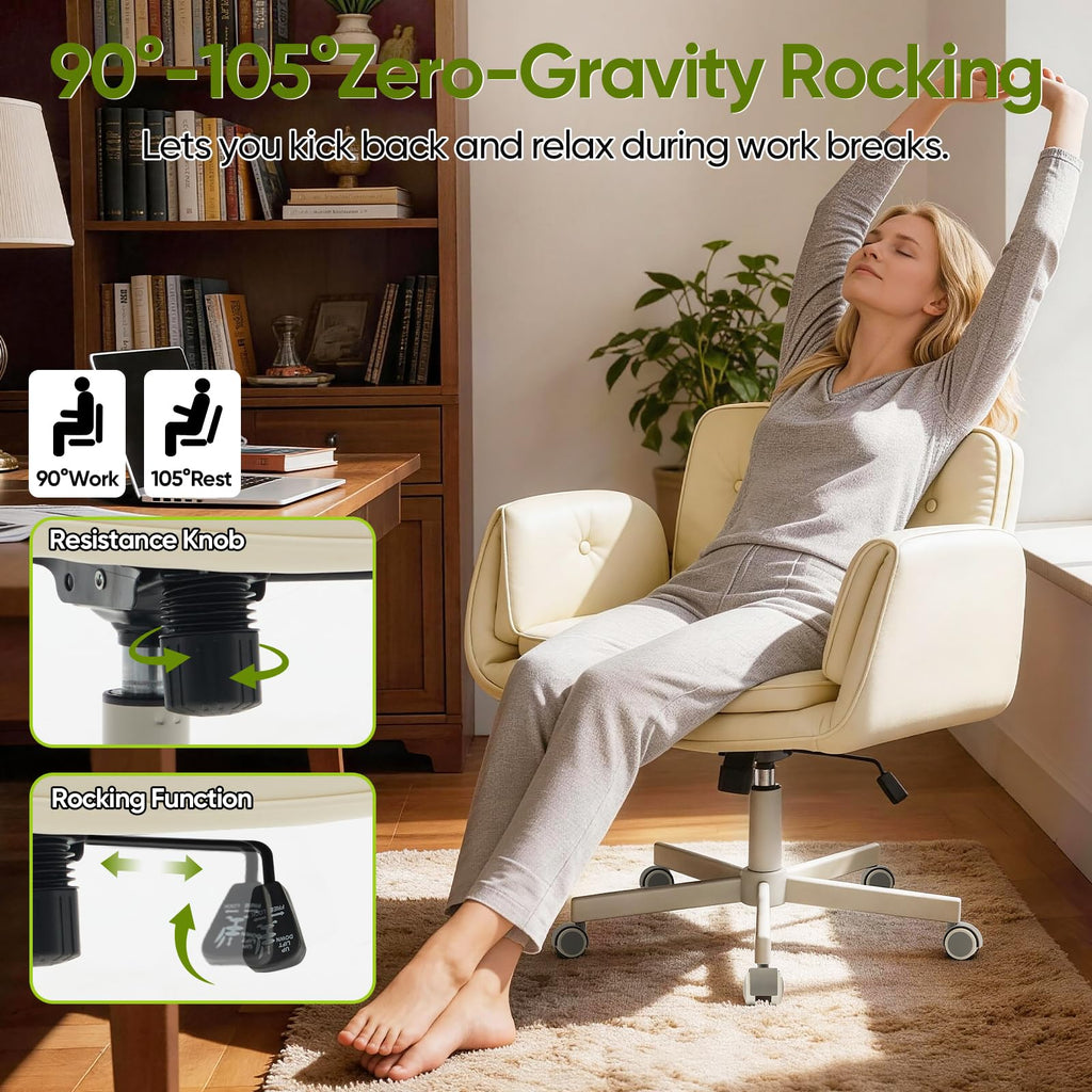 Criss Cross Chair with Wheels & Armrests, Scratch-Resistant PU Leather Vanity Chair, Comfy Wide Height Adjustable Computer Office Desk Chair for Home Office, Make Up, Bedroom (Cream)