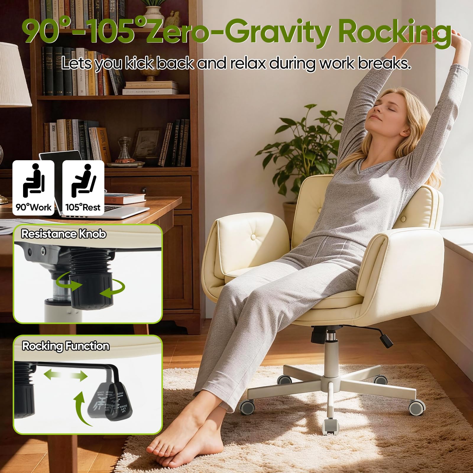 Criss Cross Chair with Wheels & Armrests, Scratch-Resistant PU Leather Vanity Chair, Comfy Wide Height Adjustable Computer Office Desk Chair for Home Office, Make Up, Bedroom (Cream)