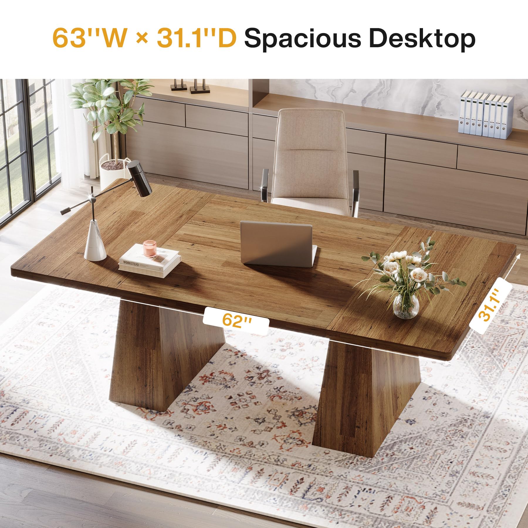 63-Inch Executive Desk, Large Office Computer Desk with Double Pedestal, Modern Simple Workstations Writing Table Conference Table Business Furniture for Home Office, Light Brown